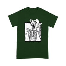 Load image into Gallery viewer, halloween coffee drinking skeleton skull - Standard T-Shirt